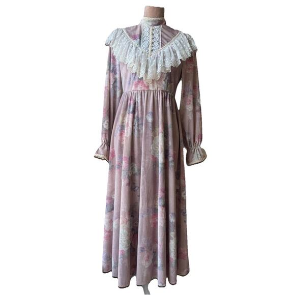 Vintage Floral Stretchy Velvet Prairie Dress M Ruffle Lace Yoke Cottagecore Maxi - Picture 5 of 13